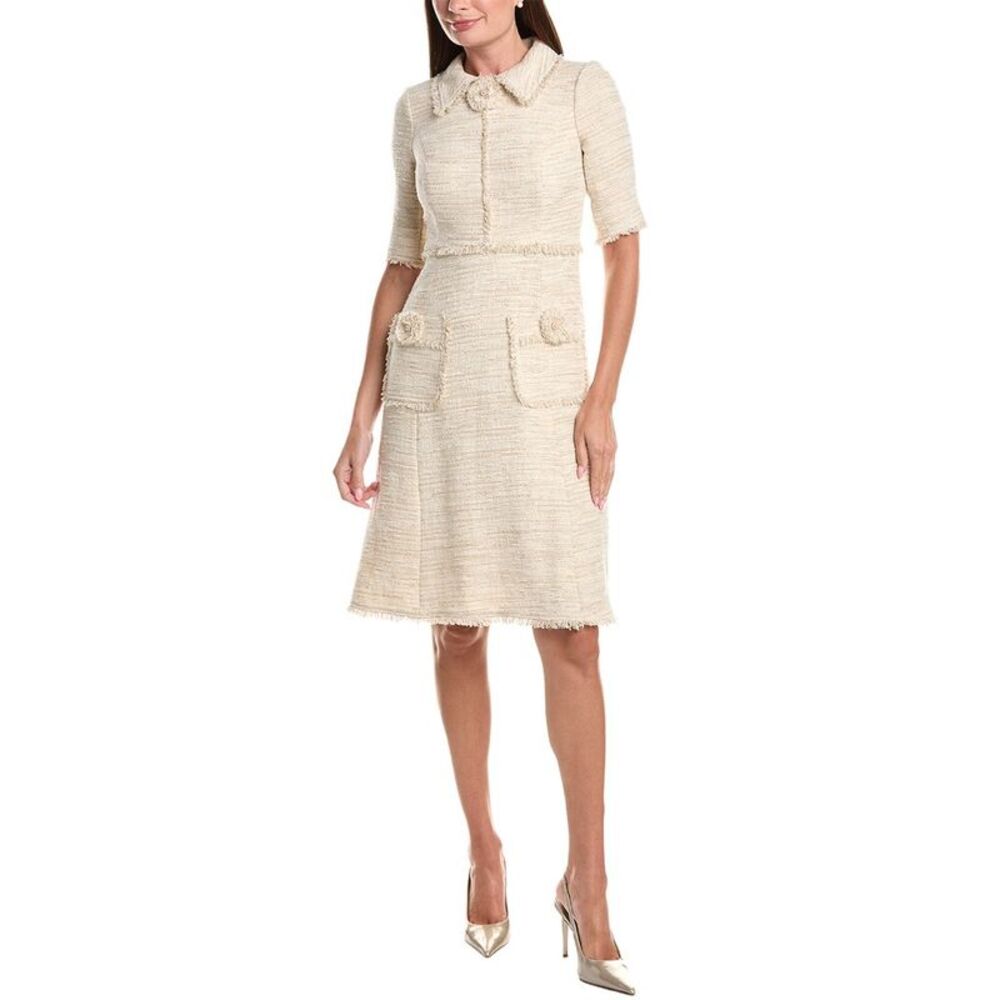 Teri Jon By Rickie Freeman Womens Metallic Tweed Shirt Collar Frayed Trim